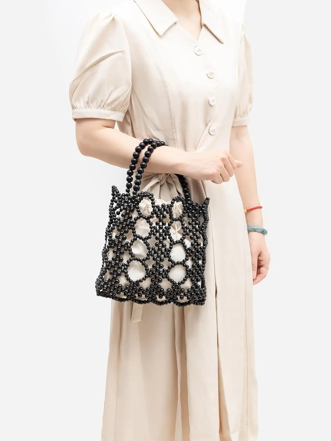 Women Girls Retro Wood Beaded Handbag Ladies Natural Handmade Drawstring Bucket Shoulder Bags Party Beach Vacation Tote Purse