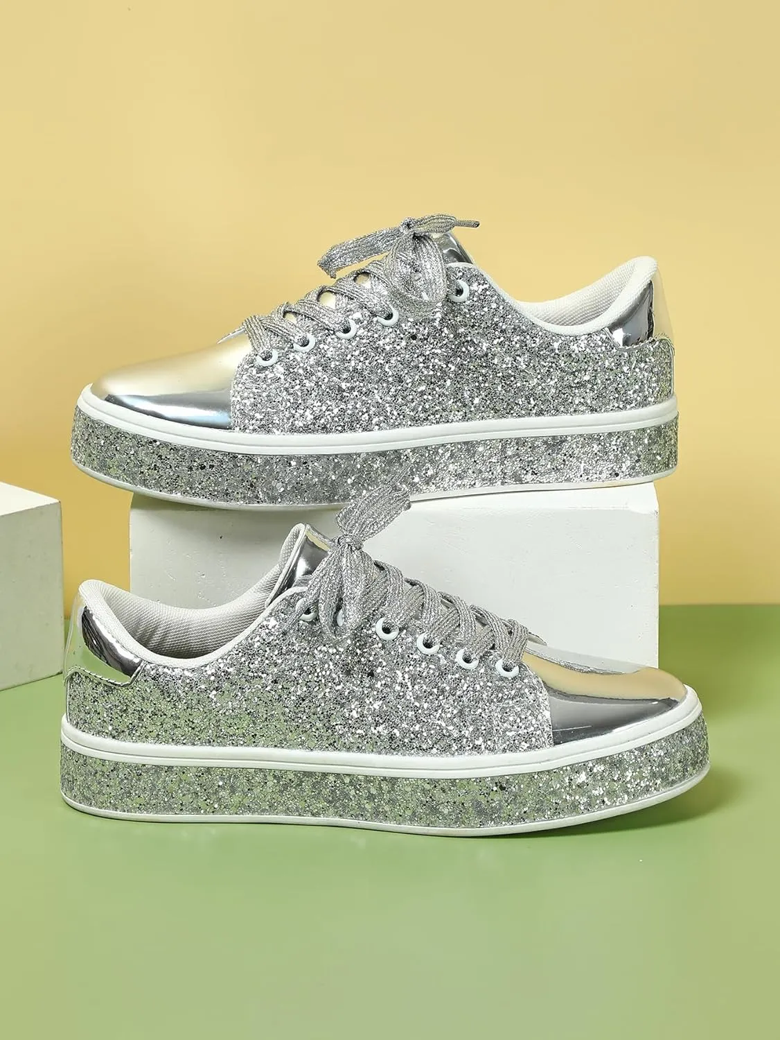 Women Glitter Sneakers Lace up Fashion Sneakers Sparkly Shoes
