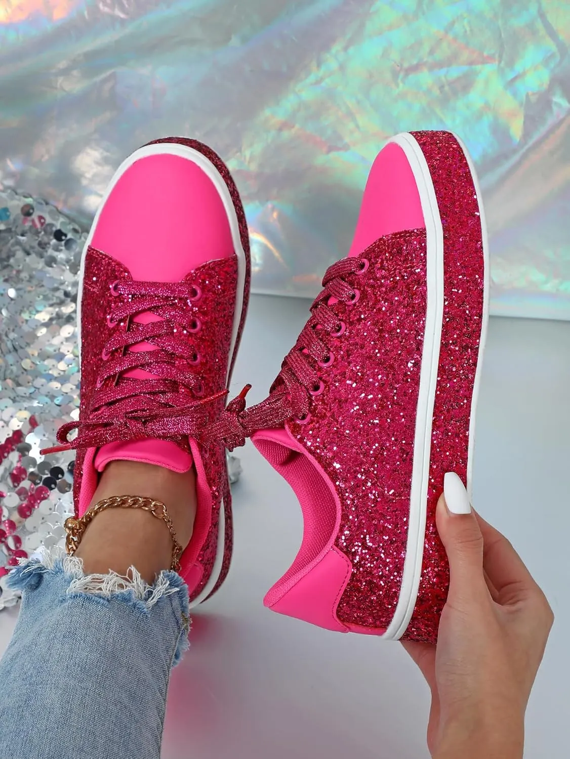 Women Glitter Sneakers Lace up Fashion Sneakers Sparkly Shoes