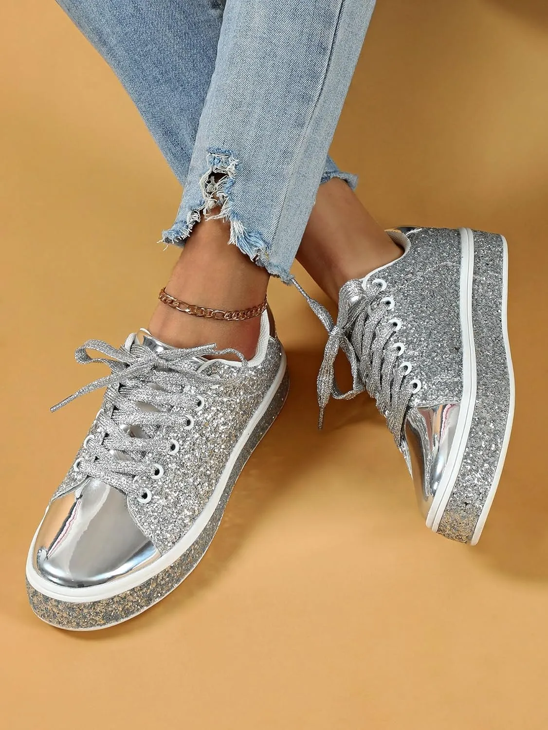 Women Glitter Sneakers Lace up Fashion Sneakers Sparkly Shoes