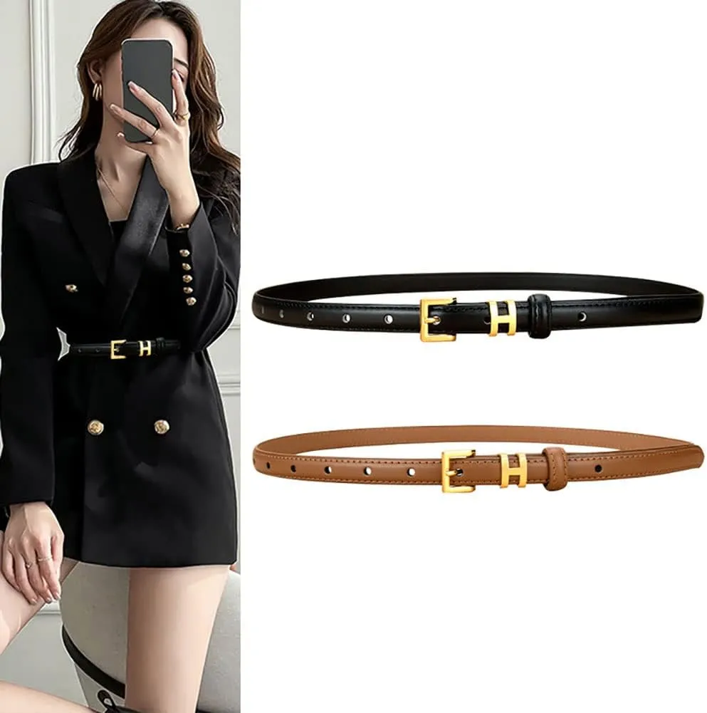 Women Gold Buckle Design Skinny Leather Belt Jeans Belt for Pants in Pin Buckle Belt, Womens Belts for Dress