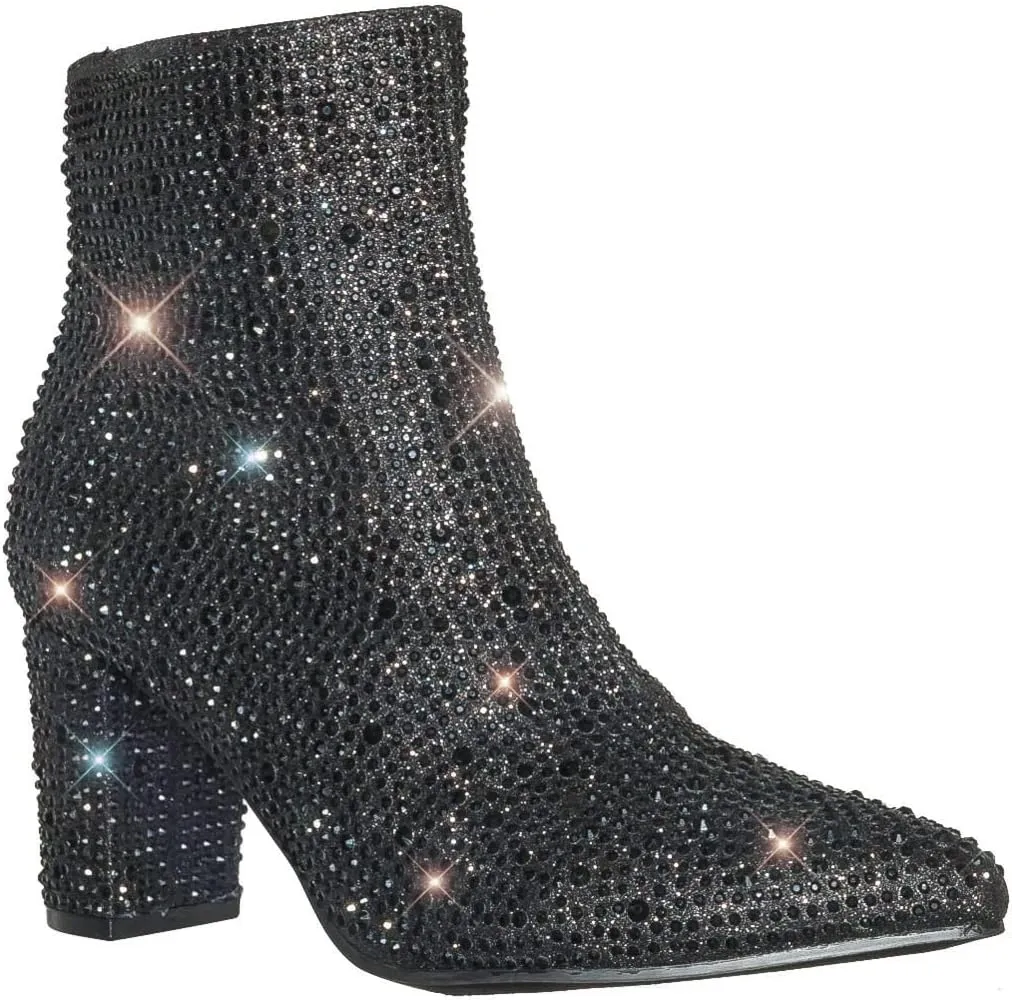 Women Rhinestone Block Chunky Heel Ankle Bootie