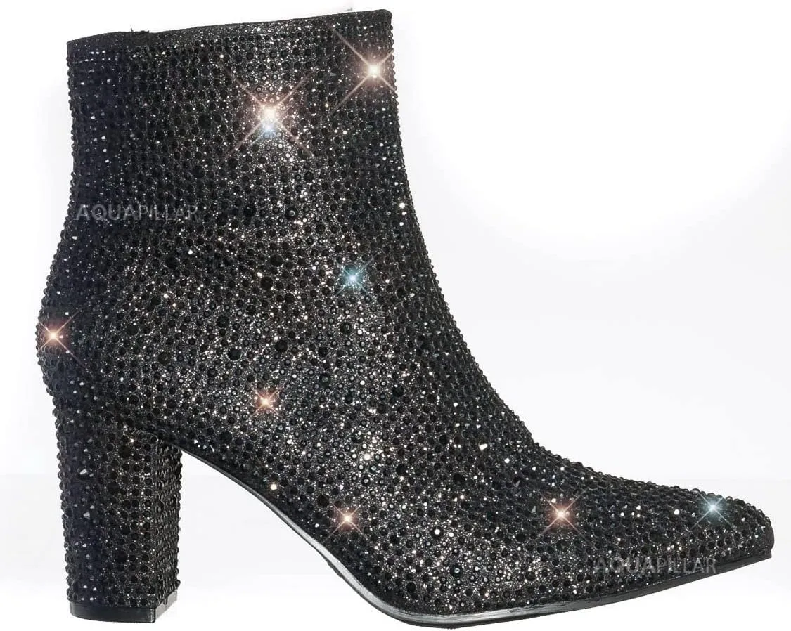 Women Rhinestone Block Chunky Heel Ankle Bootie