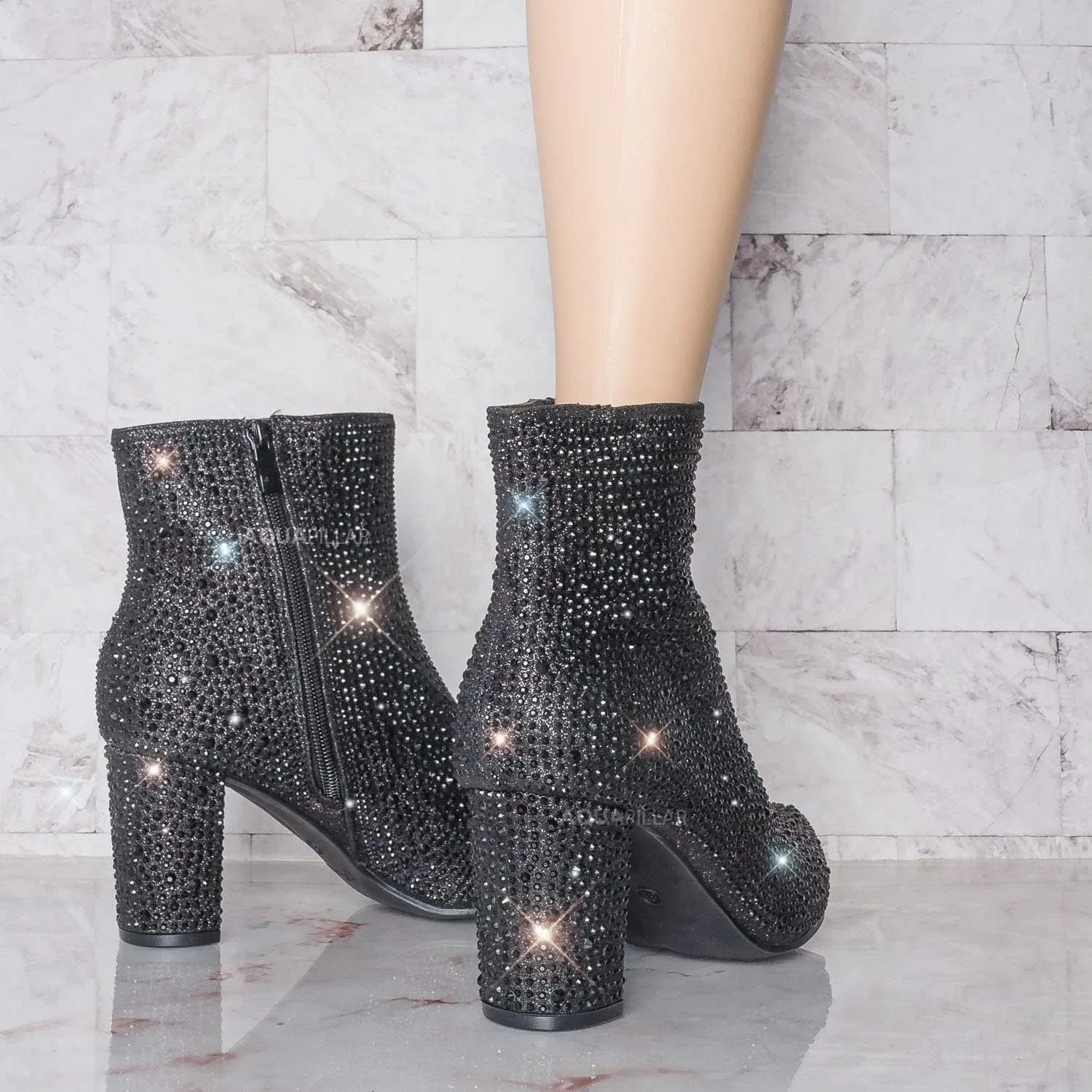 Women Rhinestone Block Chunky Heel Ankle Bootie