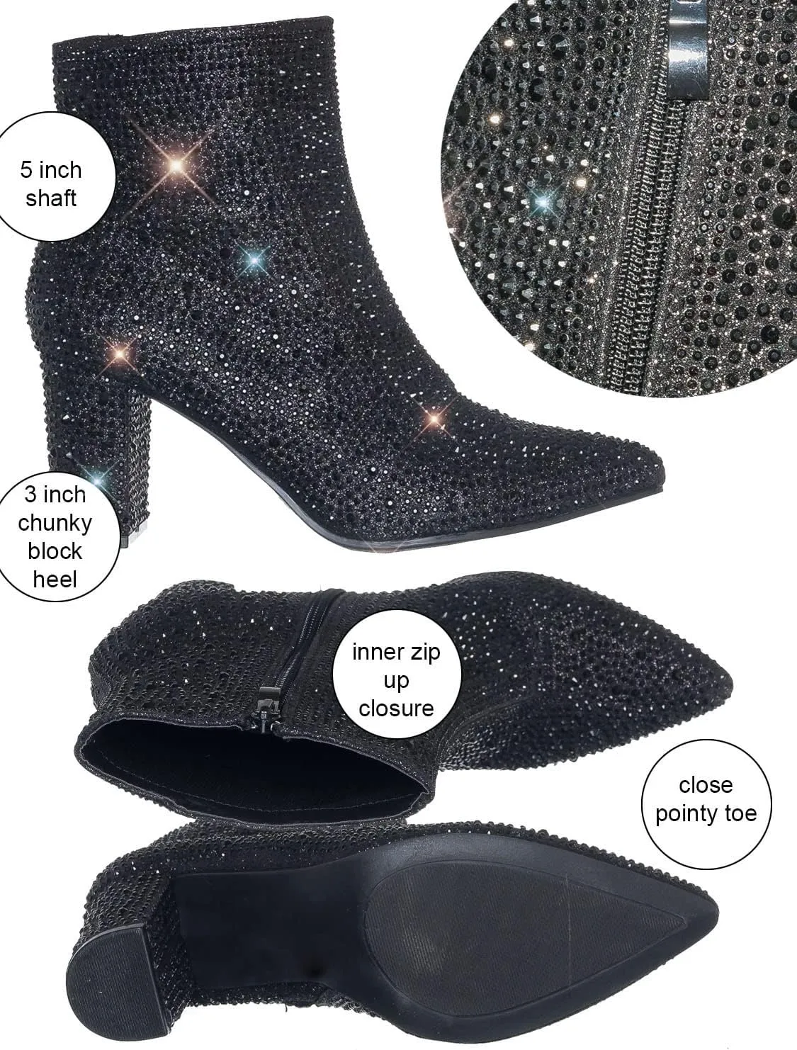 Women Rhinestone Block Chunky Heel Ankle Bootie