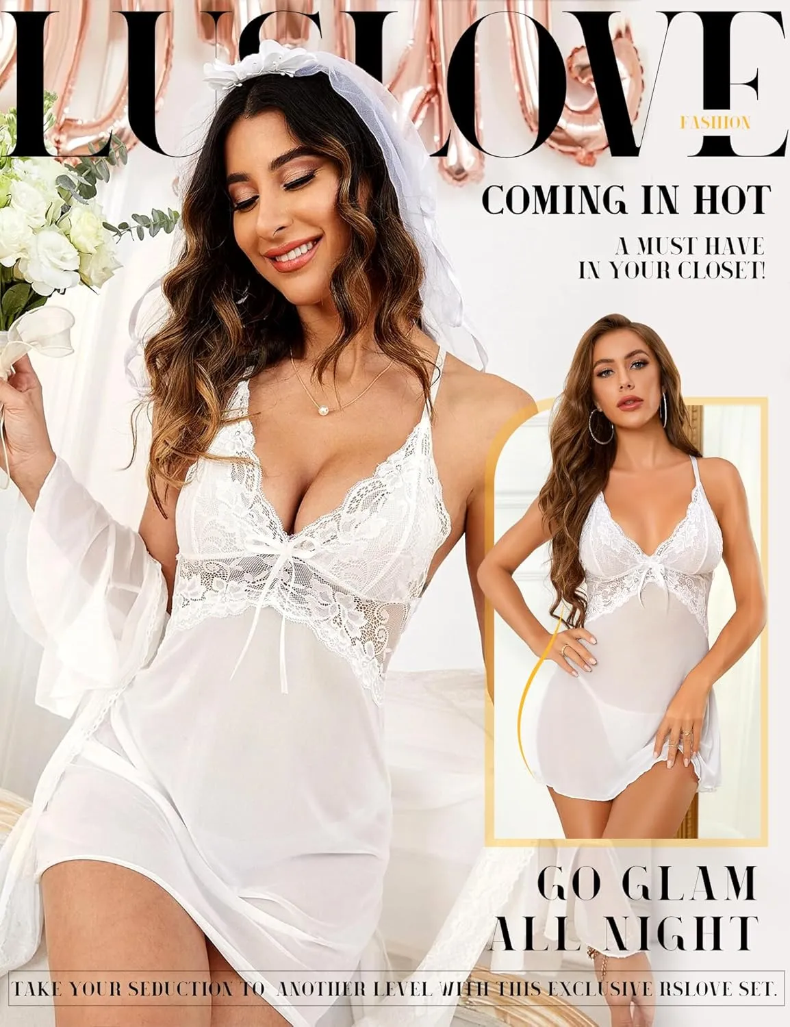 Women Sexy Lingerie Set 3 Piece Babydoll & Lace Kimono Robe Strap Chemise Nightgown Mesh Sleepwear