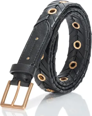 Women's 1 Inch Woven Belt with Eyelets, Gold Square Buckle, Adjustable Sizing