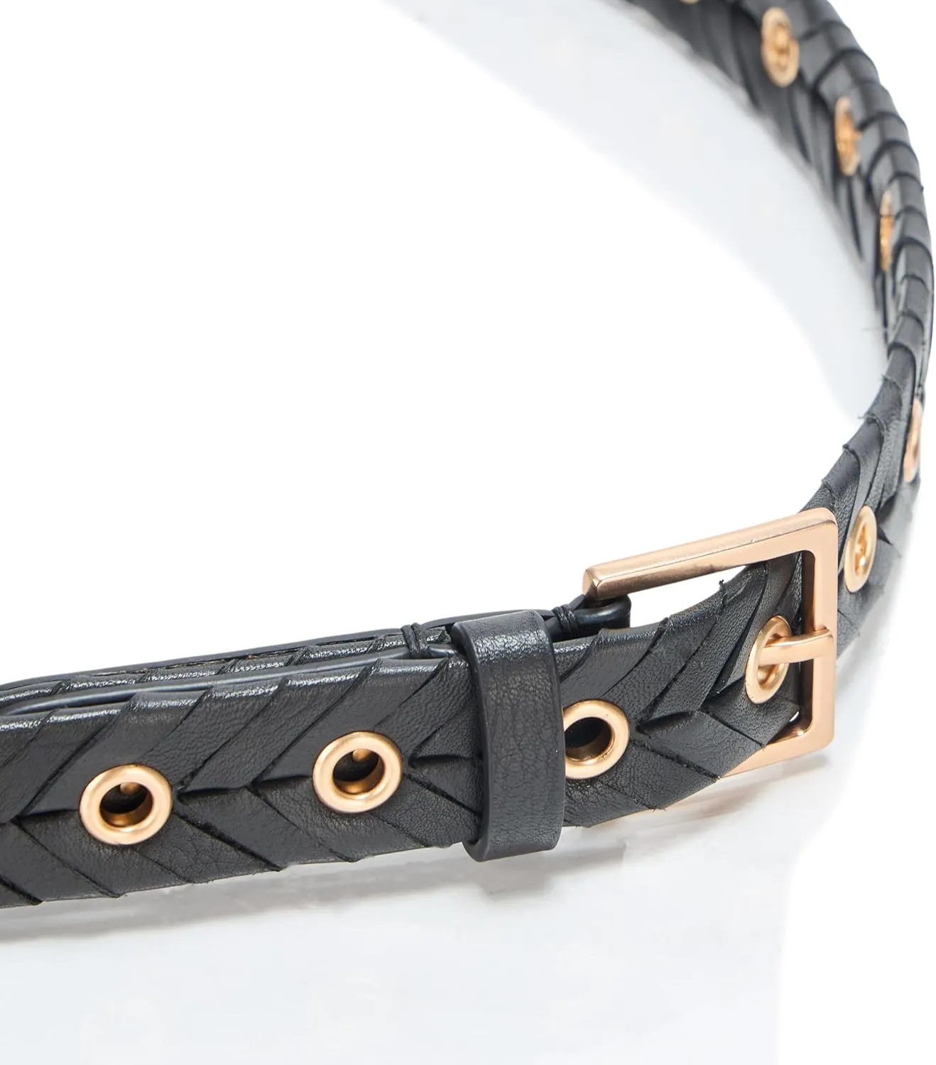 Women's 1 Inch Woven Belt with Eyelets, Gold Square Buckle, Adjustable Sizing