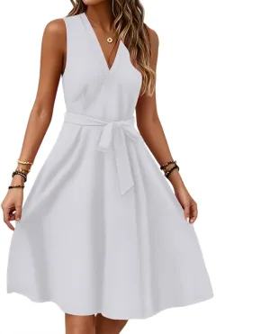 Women's 2025 Spring Summer Casual Dresses Women's Elegant V-Neck Sleeveless Drawstring Solid Color Midi Dress with Belt