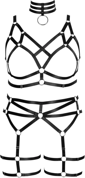 Women's Body Harness Bra Fashion Plus Size Cage Bra Cutout Stockings Garter Set Punk Gothic Carnival Dance Costume