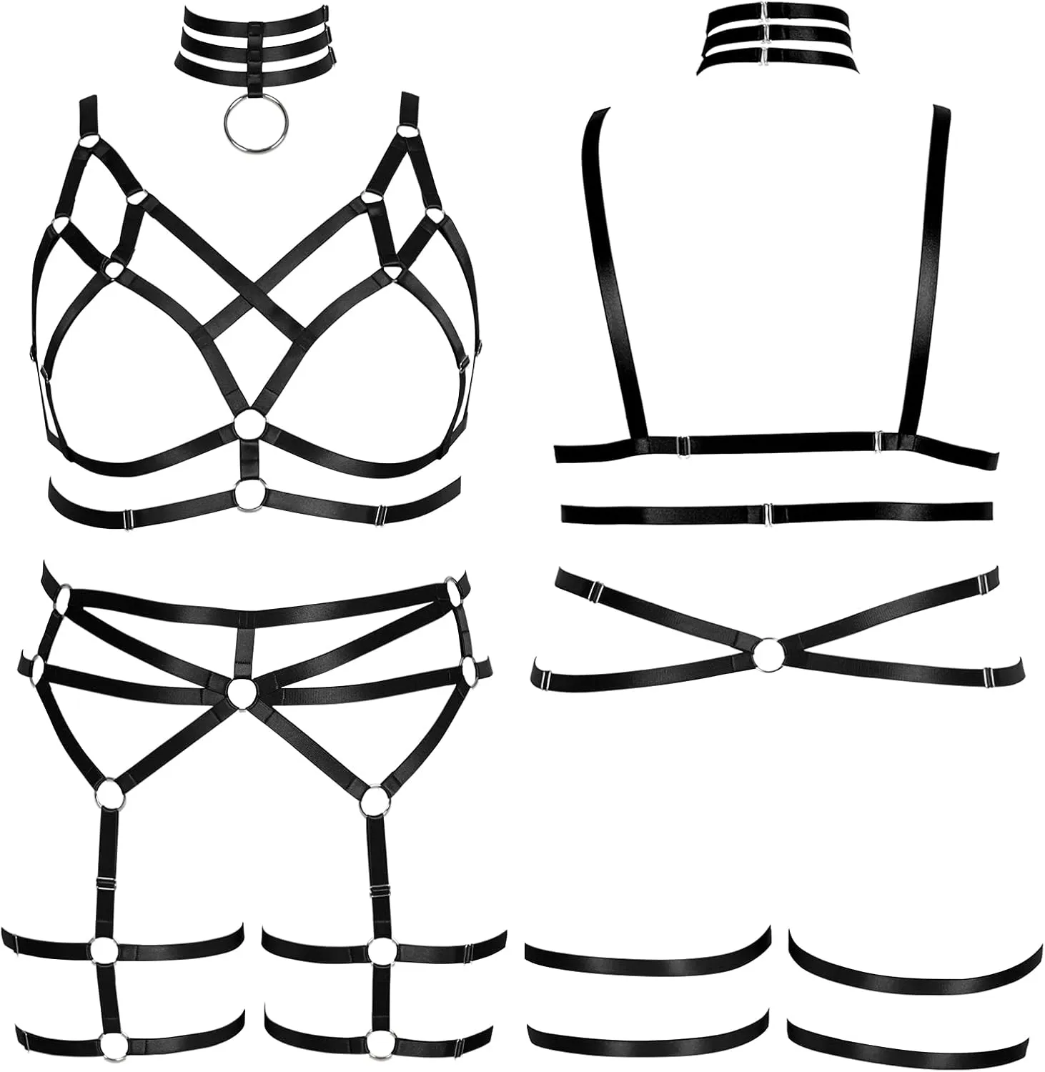 Women's Body Harness Bra Fashion Plus Size Cage Bra Cutout Stockings Garter Set Punk Gothic Carnival Dance Costume