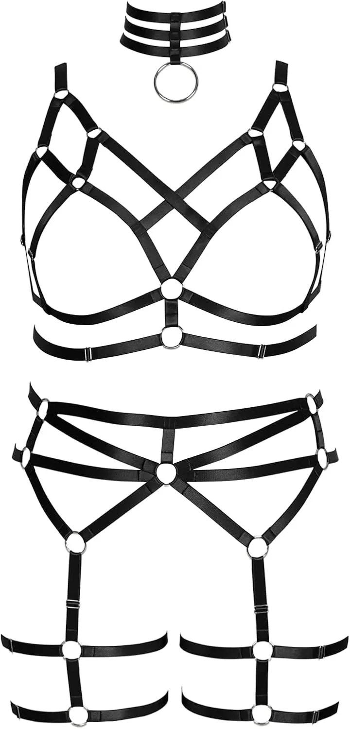 Women's Body Harness Bra Fashion Plus Size Cage Bra Cutout Stockings Garter Set Punk Gothic Carnival Dance Costume