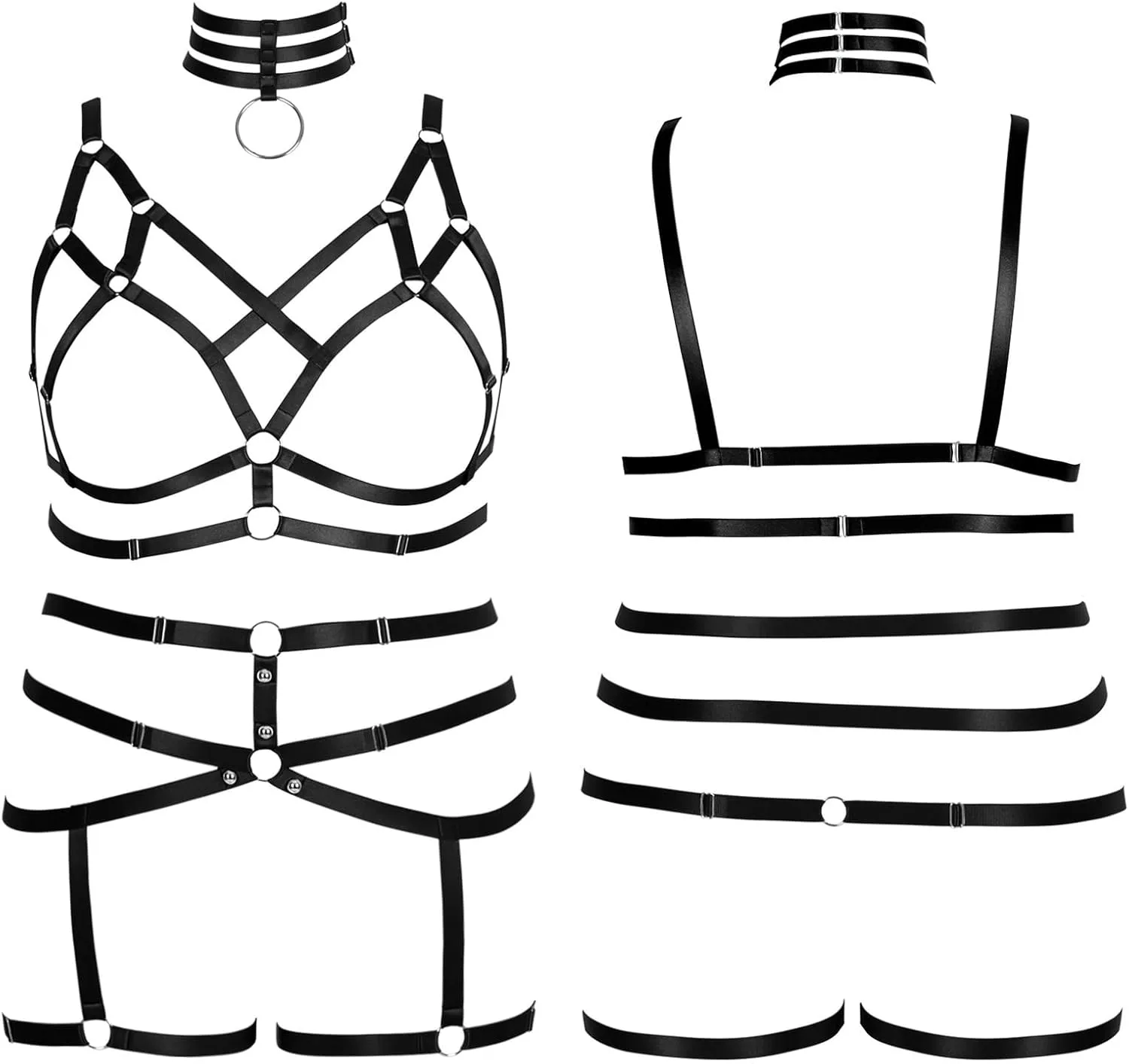 Women's Body Harness Bra Fashion Plus Size Cage Bra Cutout Stockings Garter Set Punk Gothic Carnival Dance Costume