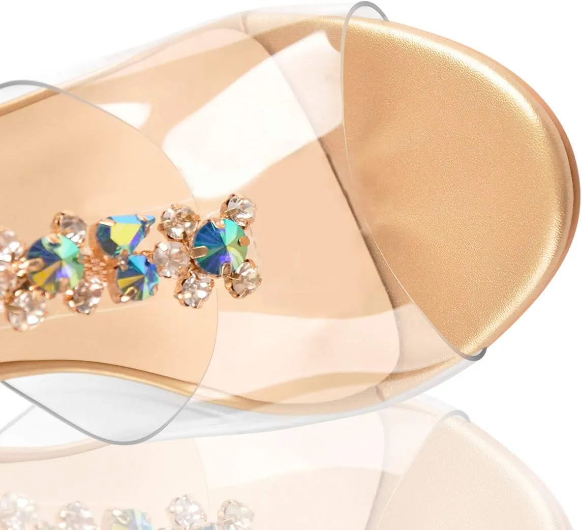 Women's Clear Strappy Gladiator Heels Rhinestones Stiletto Heels Ankle Strap Sandals
