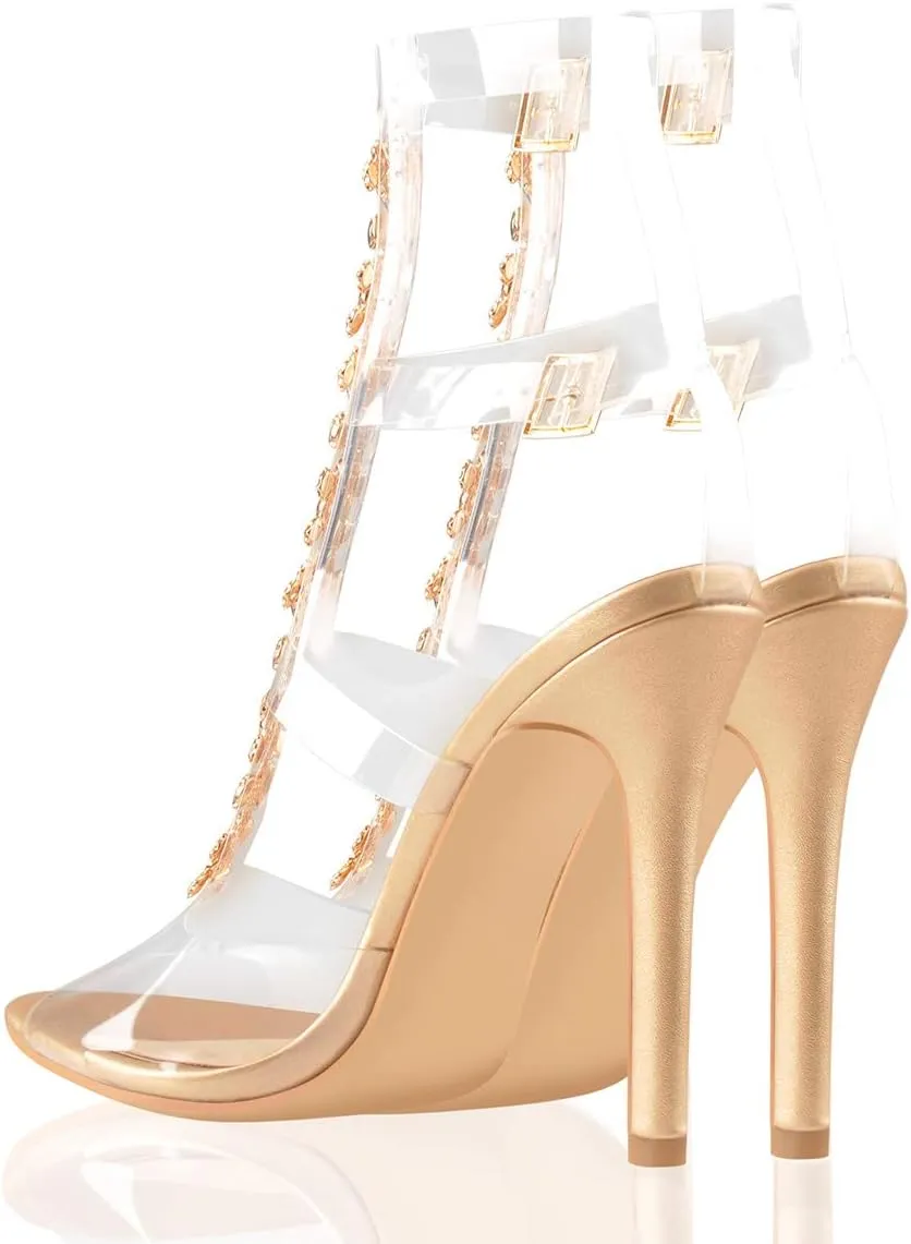Women's Clear Strappy Gladiator Heels Rhinestones Stiletto Heels Ankle Strap Sandals
