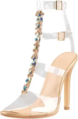 Women's Clear Strappy Gladiator Heels Rhinestones Stiletto Heels Ankle Strap Sandals