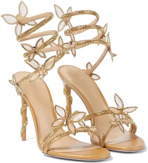 Women's Embellished Rhinestone Butterfly Spiral Coil Wrap Around Stiletto Heels Diamante Ankle Strap Fantasy Sparkly Sandals Dress Shoes Strappy Sexy Pumps for Party