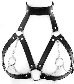 Women's Faux Leather Harness Punk Gothic Metal Chain Tassel Body Caged Lock Bra Strap (Black) (Black 1)