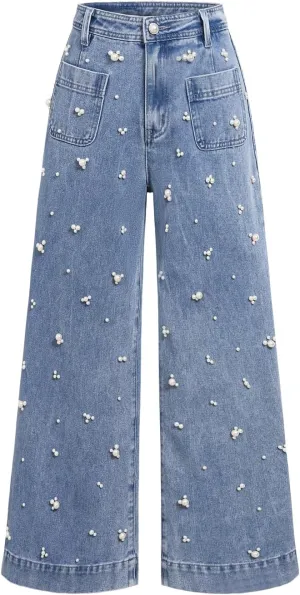 Women's High Waist Straight Jeans Pearl Loose Wide Leg 2025 Casual Blue Denim Pants for Women