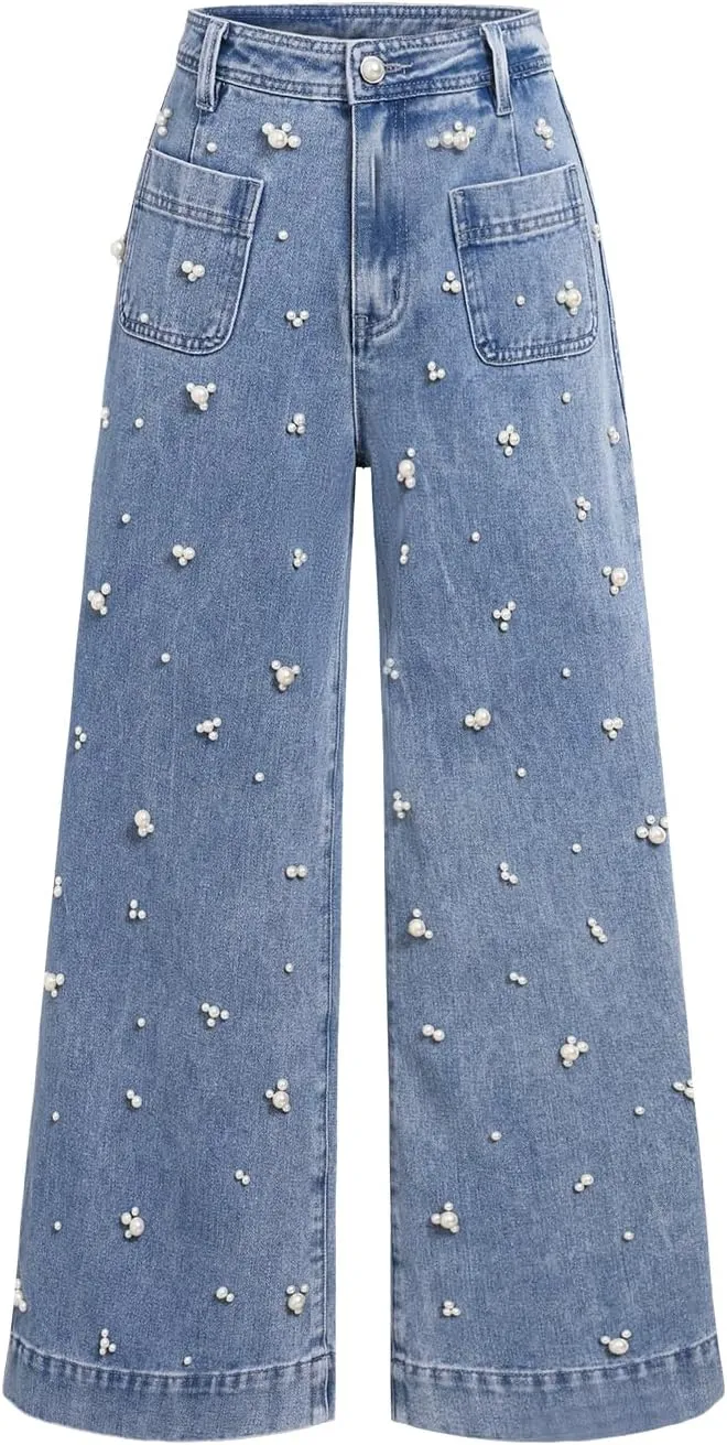 Women's High Waist Straight Jeans Pearl Loose Wide Leg 2025 Casual Blue Denim Pants for Women