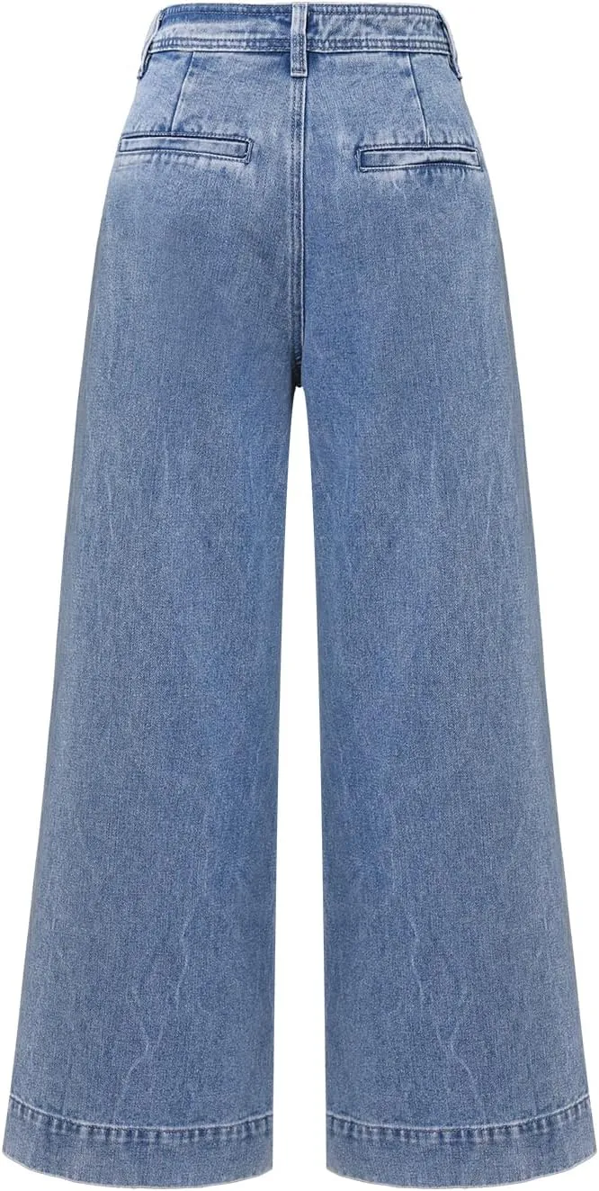 Women's High Waist Straight Jeans Pearl Loose Wide Leg 2025 Casual Blue Denim Pants for Women