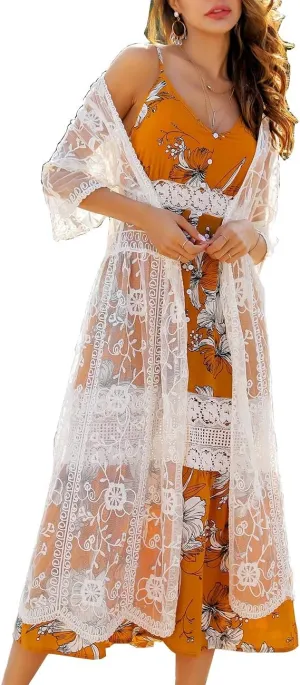 Women's Lace Cardigan Floral Crochet Sheer Beach Cover Ups Long Open Kimono