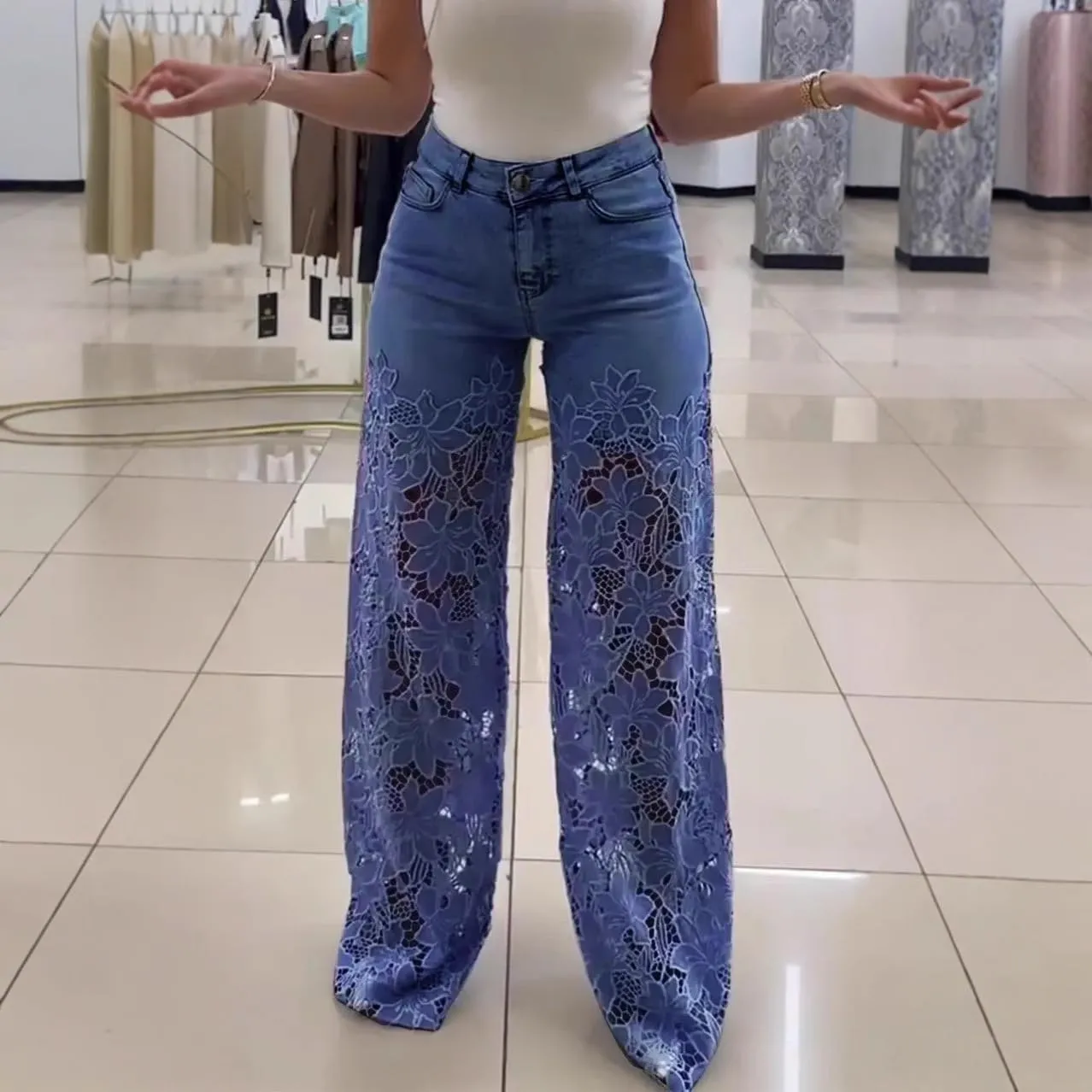 Women's Lace Patchwork Hollow Jeans,Lace Pants for Women Sexy,Y2k Jeans Embellished Wide Leg Jean for Women