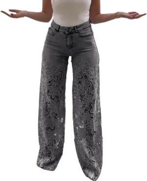 Women's Lace Patchwork Hollow Jeans,Lace Pants for Women Sexy,Y2k Jeans Embellished Wide Leg Jean for Women