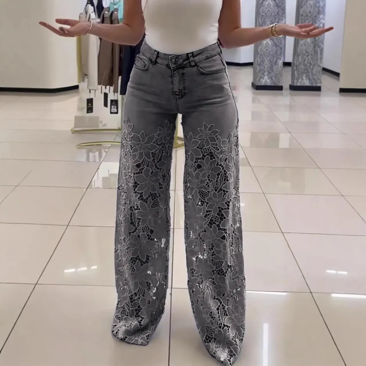 Women's Lace Patchwork Hollow Jeans,Lace Pants for Women Sexy,Y2k Jeans Embellished Wide Leg Jean for Women