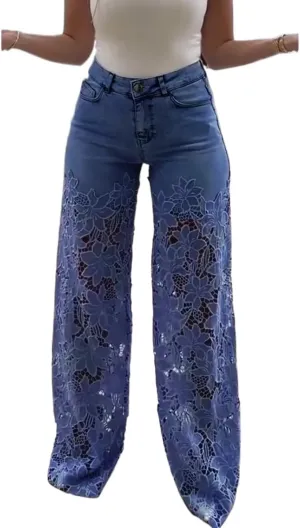 Women's Lace Patchwork Hollow Jeans,Lace Pants for Women Sexy,Y2k Jeans Embellished Wide Leg Jean for Women