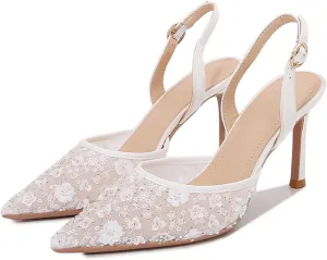 Women's Lace Slingback Stiletto Heel Pumps Pointed Closed Toe Sexy Ankle Strap High Heel Dress Shoes Fashion White Wedding Shoes