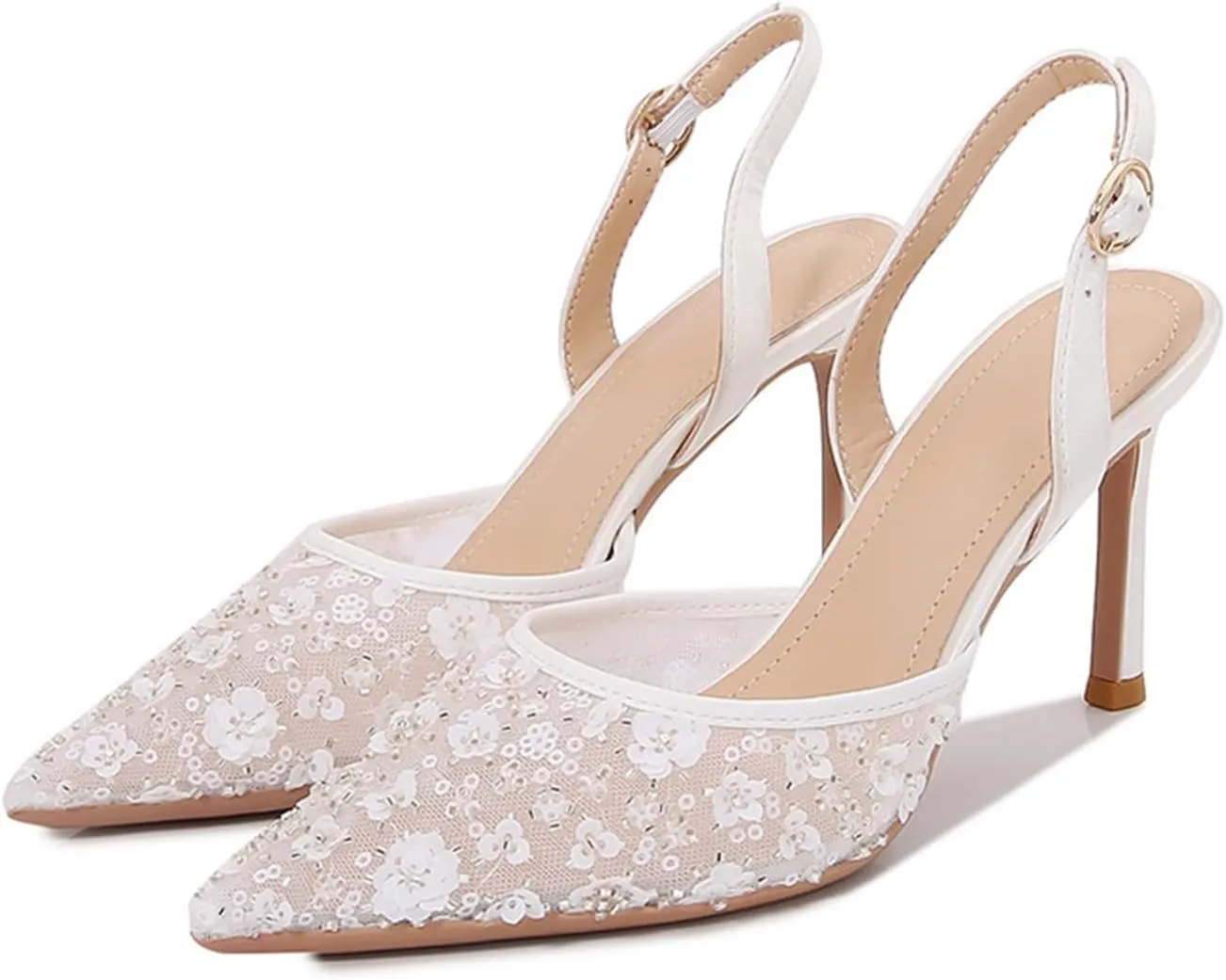 Women's Lace Slingback Stiletto Heel Pumps Pointed Closed Toe Sexy Ankle Strap High Heel Dress Shoes Fashion White Wedding Shoes