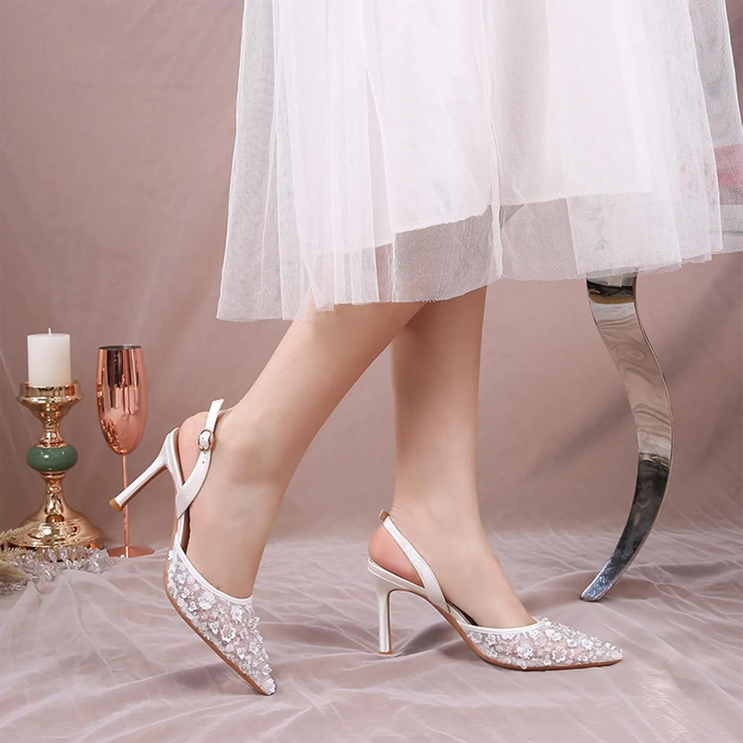 Women's Lace Slingback Stiletto Heel Pumps Pointed Closed Toe Sexy Ankle Strap High Heel Dress Shoes Fashion White Wedding Shoes