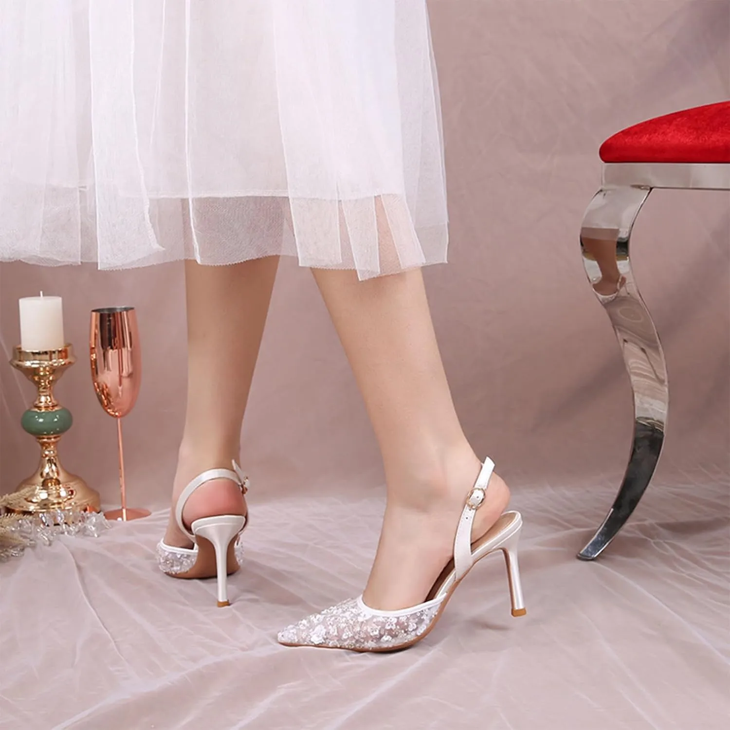 Women's Lace Slingback Stiletto Heel Pumps Pointed Closed Toe Sexy Ankle Strap High Heel Dress Shoes Fashion White Wedding Shoes