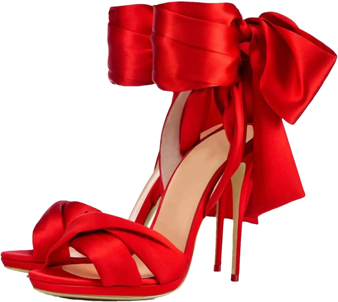 Women's Lace-Up Stiletto Sandals, Black Red Satin Evening Wedding Party Heels