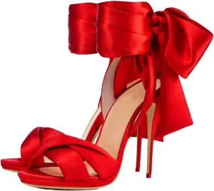 Women's Lace-Up Stiletto Sandals, Black Red Satin Evening Wedding Party Heels