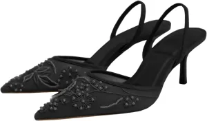 Women's Mesh Floral Embroidered Slingback Heels with Pearl Studded Pointed Toe Lace Heeled Sandals Backless Slip On Kitten Heel Pumps Wedding Party Shoes