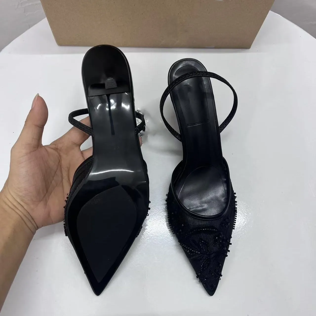 Women's Mesh Floral Embroidered Slingback Heels with Pearl Studded Pointed Toe Lace Heeled Sandals Backless Slip On Kitten Heel Pumps Wedding Party Shoes