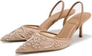 Women's Mesh Floral Embroidered Slingback Heels with Pearl Studded Pointed Toe Lace Heeled Sandals Backless Slip On Kitten Heel Pumps Wedding Party Shoes