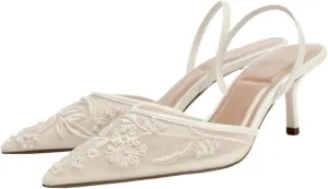 Women's Mesh Floral Embroidered Slingback Heels with Pearl Studded Pointed Toe Lace Heeled Sandals Backless Slip On Kitten Heel Pumps Wedding Party Shoes