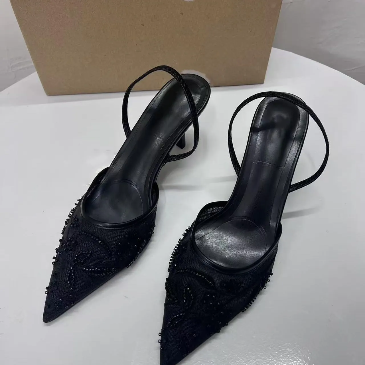 Women's Mesh Floral Embroidered Slingback Heels with Pearl Studded Pointed Toe Lace Heeled Sandals Backless Slip On Kitten Heel Pumps Wedding Party Shoes