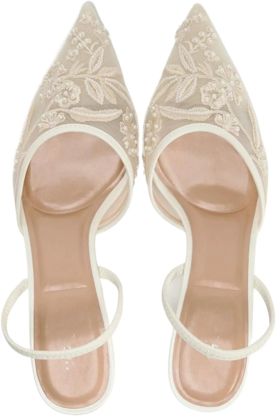 Women's Mesh Floral Embroidered Slingback Heels with Pearl Studded Pointed Toe Lace Heeled Sandals Backless Slip On Kitten Heel Pumps Wedding Party Shoes