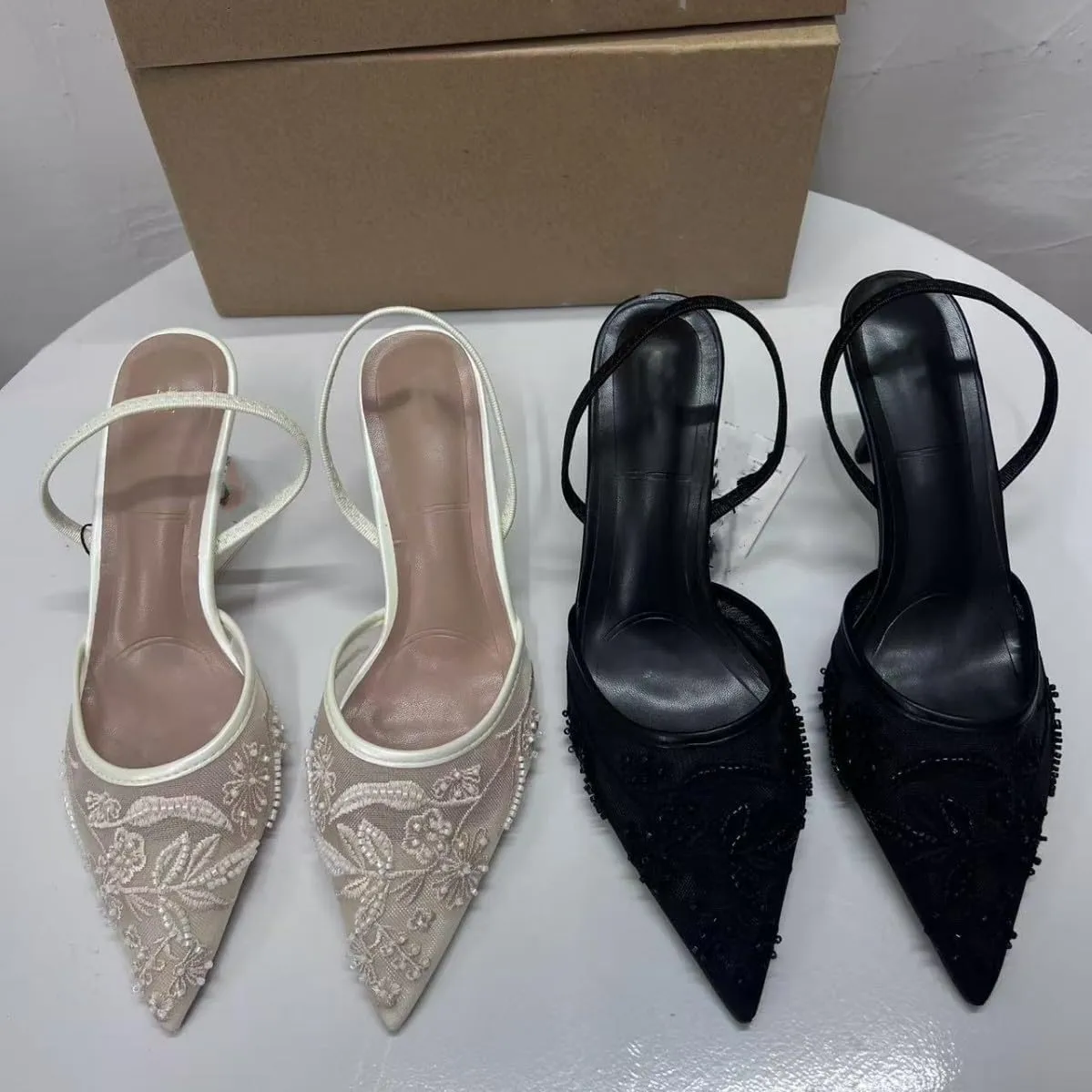 Women's Mesh Floral Embroidered Slingback Heels with Pearl Studded Pointed Toe Lace Heeled Sandals Backless Slip On Kitten Heel Pumps Wedding Party Shoes