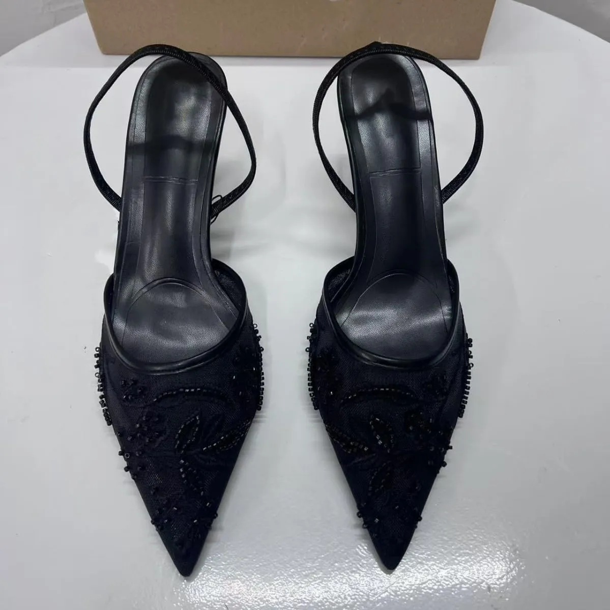 Women's Mesh Floral Embroidered Slingback Heels with Pearl Studded Pointed Toe Lace Heeled Sandals Backless Slip On Kitten Heel Pumps Wedding Party Shoes