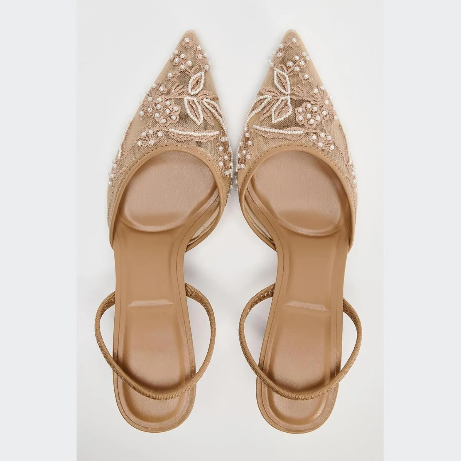Women's Mesh Floral Embroidered Slingback Heels with Pearl Studded Pointed Toe Lace Heeled Sandals Backless Slip On Kitten Heel Pumps Wedding Party Shoes