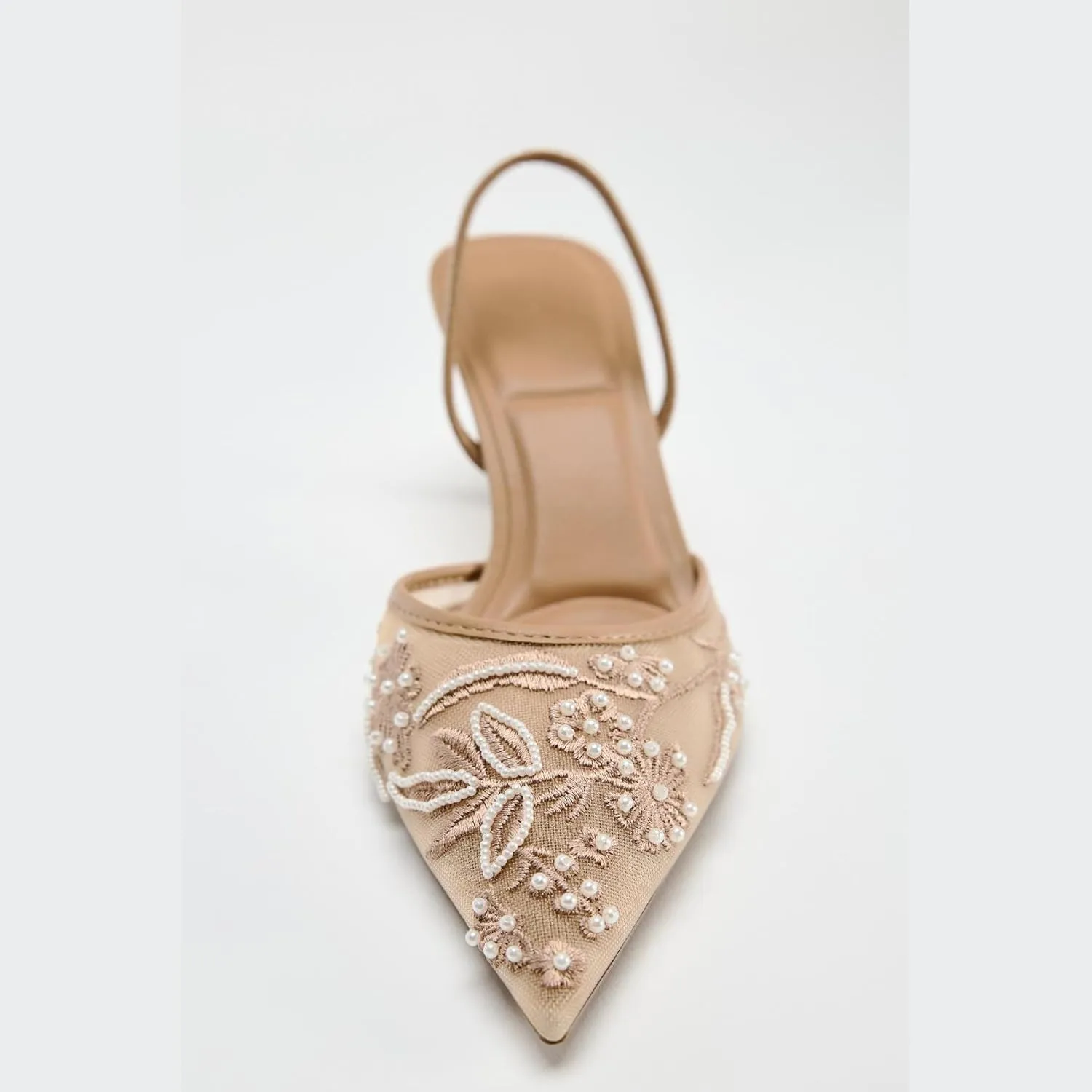 Women's Mesh Floral Embroidered Slingback Heels with Pearl Studded Pointed Toe Lace Heeled Sandals Backless Slip On Kitten Heel Pumps Wedding Party Shoes