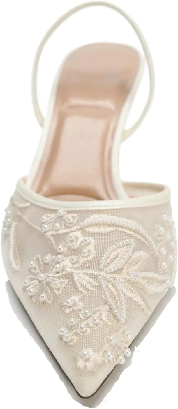 Women's Mesh Floral Embroidered Slingback Heels with Pearl Studded Pointed Toe Lace Heeled Sandals Backless Slip On Kitten Heel Pumps Wedding Party Shoes