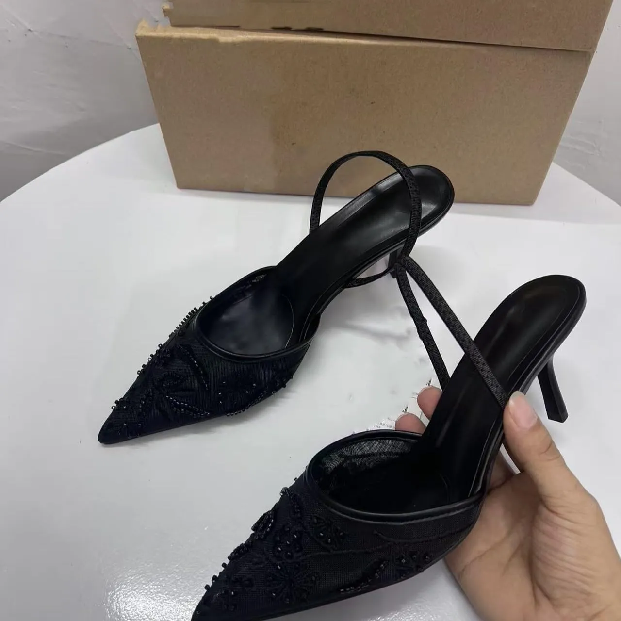 Women's Mesh Floral Embroidered Slingback Heels with Pearl Studded Pointed Toe Lace Heeled Sandals Backless Slip On Kitten Heel Pumps Wedding Party Shoes