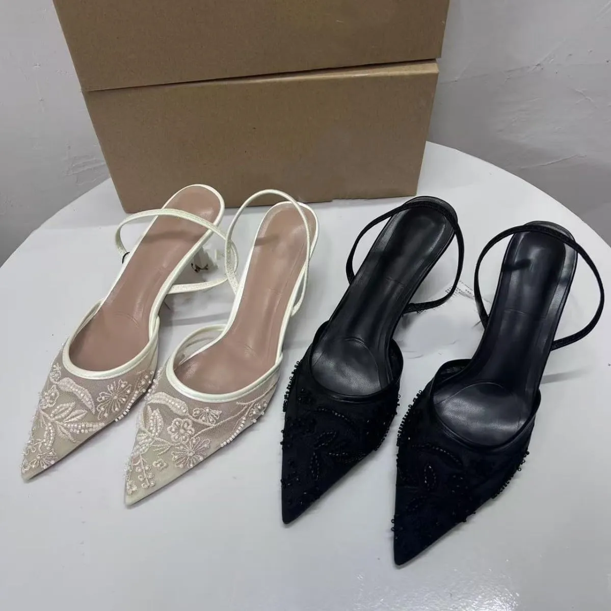 Women's Mesh Floral Embroidered Slingback Heels with Pearl Studded Pointed Toe Lace Heeled Sandals Backless Slip On Kitten Heel Pumps Wedding Party Shoes