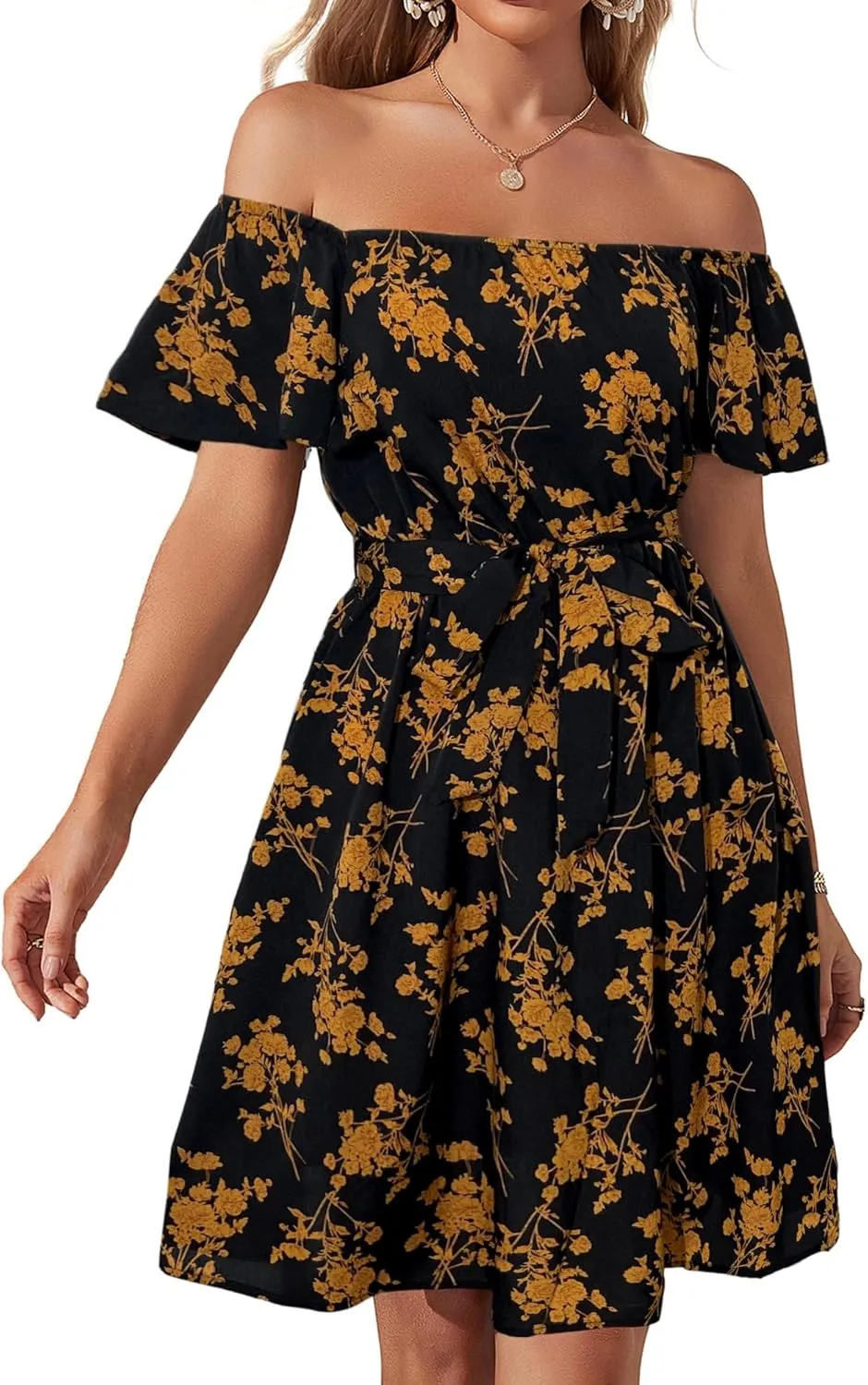 Womens Off Shoulder Ruffle Floral Summer Wedding Guest Dresses A Line Shift Short Skater Dress with Belt